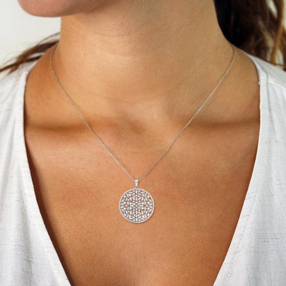 925 Sterling Silver Scattered Baguette Disc Pendant, Micro Pave Cubic Zirconia - Picture 2 of 3